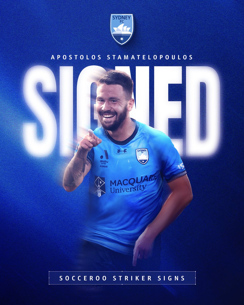 SydneyFC's tweet photo. Apostolos Stamatelopoulos has joined us on loan from Motherwell FC in Scotland ✍️

The 26-year-old striker will be with us until the end of the 2025/26 Isuzu UTE A-League season and we have the option to buy at the end of the loan period 🙌

Full details 🗞️ https://t.co/l3PlI24ulN

#WeAreSydney