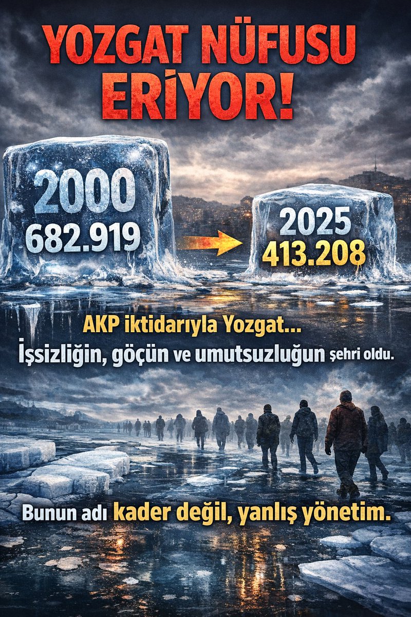 YOZGAT NÜFUSU ERİYOR! ❄️

2000 yılında 682.919 olan Yozgat nüfusu, 2025’te 413.208’e düştü.

Bu bir tesadüf değil.
AKP iktidarıyla birlikte Yozgat;
işsizliğin, göçün ve umutsuzluğun şehri haline geldi.

Gençler gidiyor, köyler boşalıyor!
"Bunun adı Kader değil, yanlış Yönetim!"
