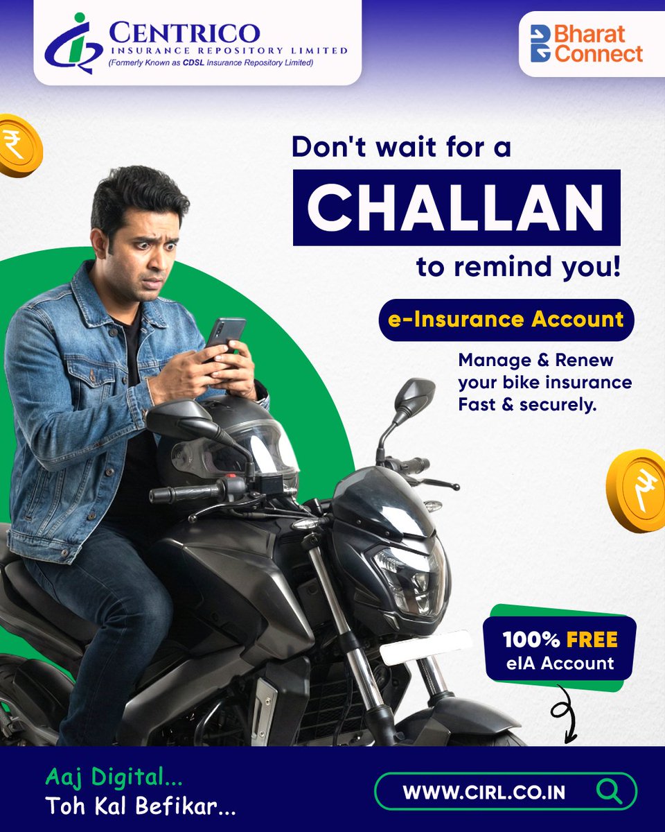 Centrico_IR's tweet image. With a FREE e-Insurance Account from Centrico, managing and renewing your bike insurance becomes simple, fast, and secure.

cirl.co.in

#CIRL #BharatConnect #eInsurance #LifeInsurance #HealthInsurance #CarInsurance #BikeInsurance #LICIndia #HDFCLife #ICICILombard