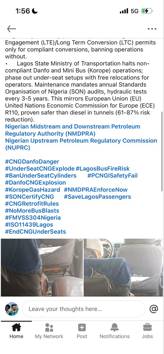 Okewale0's tweet photo. Safety Hazards of Compressed Natural Gas (CNG)-Converted Danfo and Mini Bus (Korope) Buses in Lagos: Gas Cylinder Placement Under Passenger Seats

#CNGDanfoDanger
#UnderSeatCNGExplode
#LagosBusFireRisk
#BanUnderSeatCylinders
#PCNGISafetyFail
#SaveLagosPassengers https://t.co/KcZ4nCM0Ee
