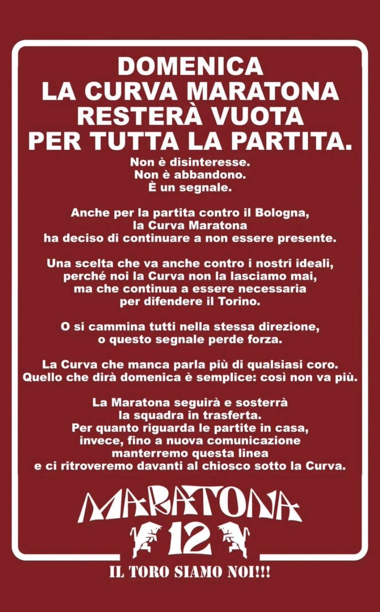 Continua la protesta. Anche in occasione di #TorinoBologna la Curva Maratona resterà vuota