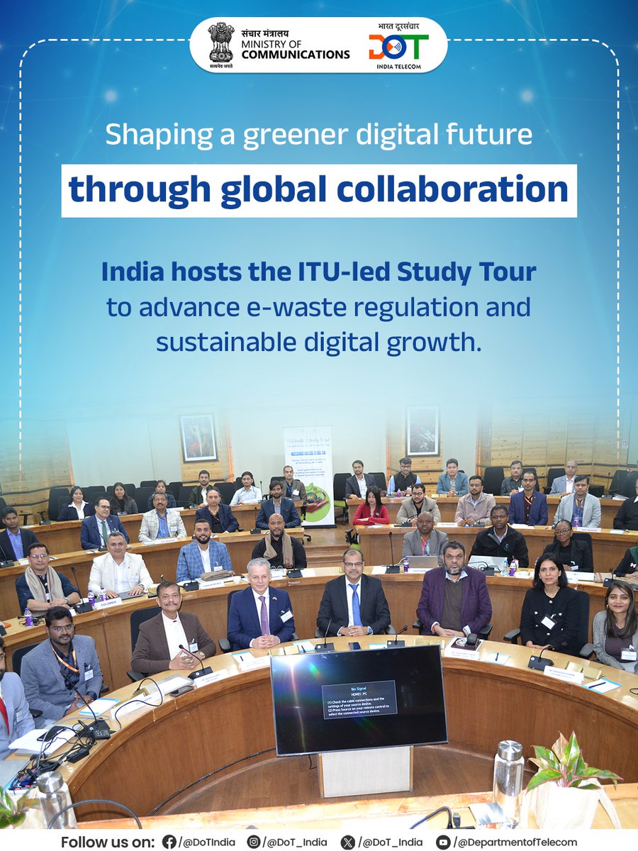 DoT_India's tweet image. Driving sustainability in the digital era!!
India hosts the ITU-led Study Tour on e-waste regulation, bringing policymakers and experts together to strengthen circular economy practices and responsible digital growth.

#EWasteManagement #DigitalSustainability #CircularEconomy