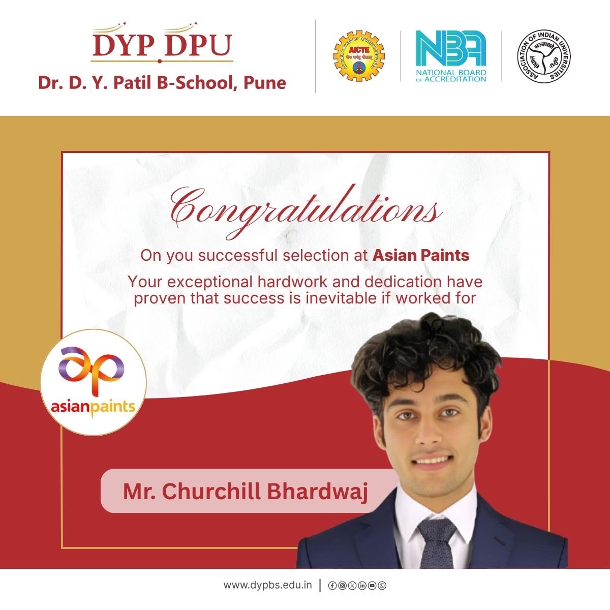 Huge congratulations to our students on securing placements at Asian Paints! Your hard work, creativity, and dedication have truly paid off. Wishing you all a bright and successful professional journey ahead!

#congratulations #placement #dypatil