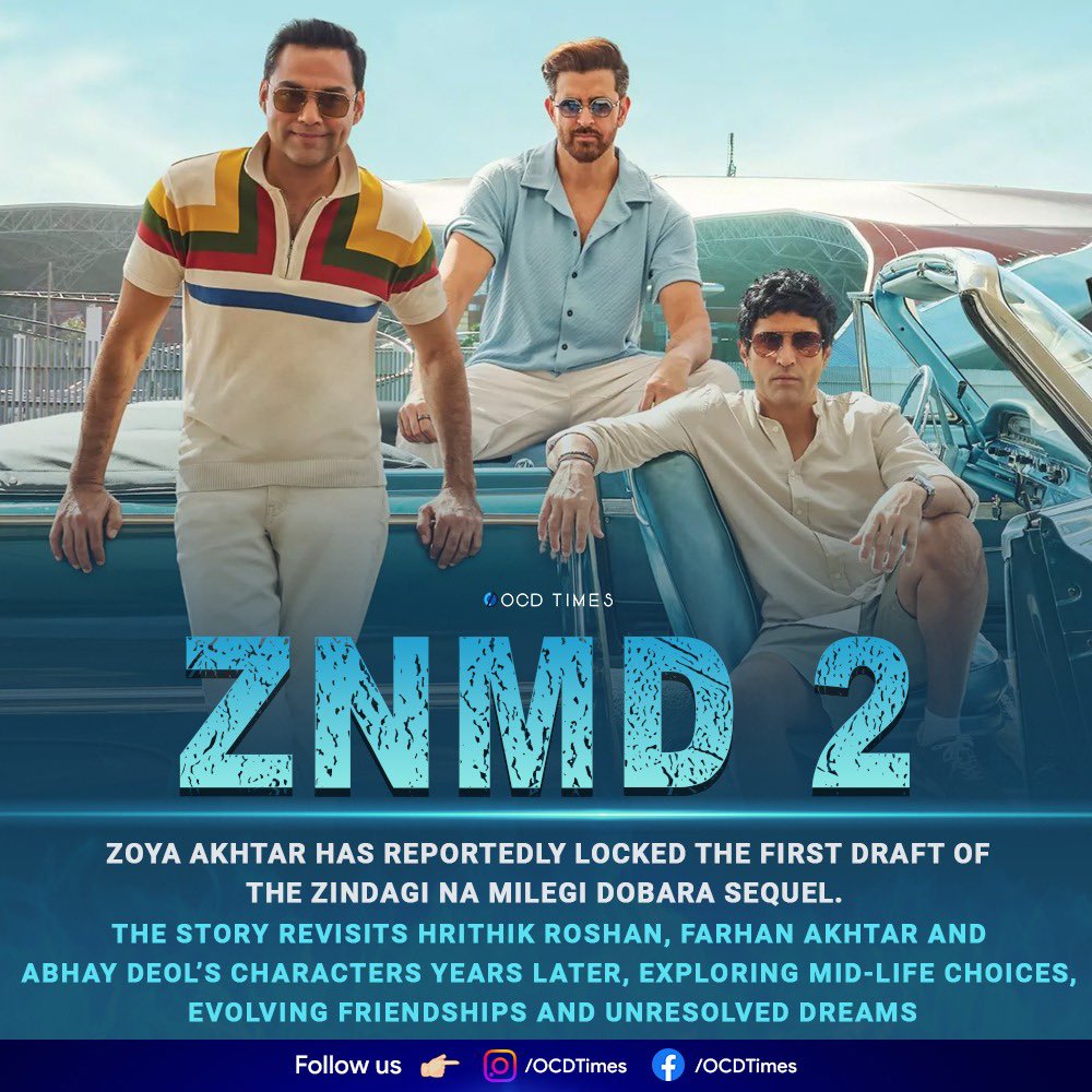 ocdtimes's tweet image. While no announcement has been made, discussions are said to be underway with the male leads. The intent is to reunite the boys, but it all depends on alignment of dates.
.
News via #Midday
.
#OCDTimes #HrithikRoshan #FarhanAkhtar #AbhayDeol #ZoyaAkhtar #ZindagiNaMilegiDobara