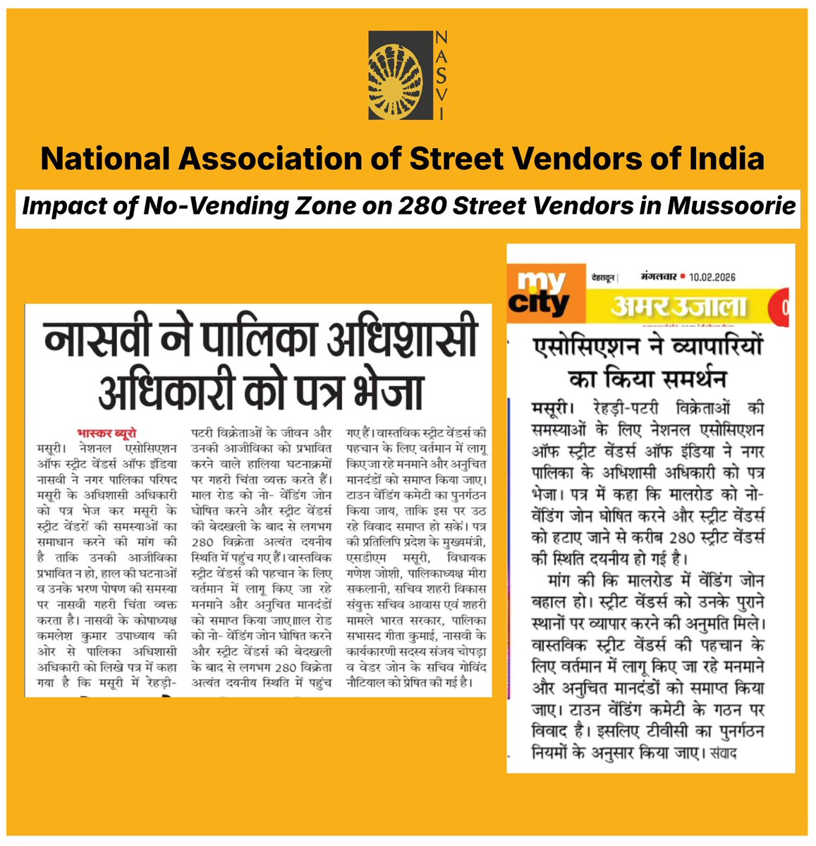 NasviIndia's tweet photo. The No-Vending Zone declaration in Mussoorie has pushed the livelihoods of nearly 280 street vendors into crisis. NASVI has urged authorities to restore vending zones and ensure fair implementation of the Street Vendors Act.
Regulation, not removal. #StreetVendors #NASVI https://t.co/nllxuvHvli