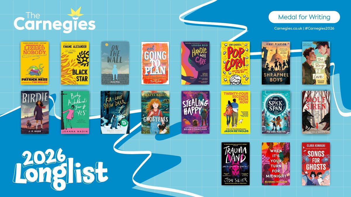 BooksForKeeps's tweet photo. They're here: the longlists for the #Carnegies2026. 19 books are on the longlist for the Carnegie Medal for Writing, including 5 past winners. Is your favourite here? Which of these books would you choose for the shortlist? @CarnegieMedals 
https://t.co/aH1m8DY6N2 https://t.co/oqakwYnufu
