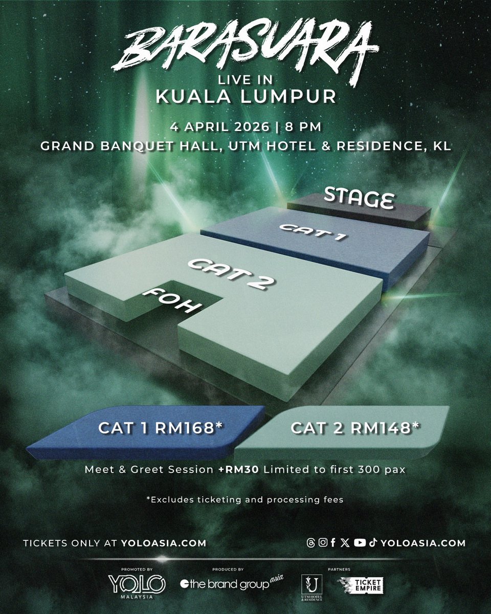 BARASUARA LIVE IN KUALA LUMPUR

🗓️ 4 April 2026
📍 Grand Banquet Hall, UTM Hotel &amp; Residence KL

🎟️ RM148, RM168
🔗 yoloasia.com

⚠️ Tickets available on 13 February (10 AM)