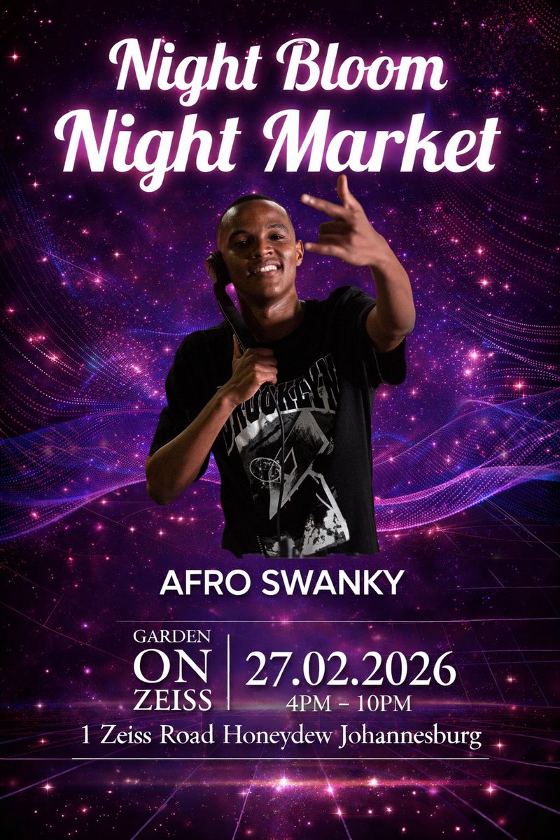 🎧 Artist Announcement! 🎧

We’re thrilled to welcome Afro Swanky, YFM’s YTKO resident DJ, to The Night Bloom! Get ready for his signature sound, infectious energy, and unbeatable vibes that will keep the night alive.

📍 Venue: Garden on Zeiss, 1 Zeiss Road, Honeydew, JHB
