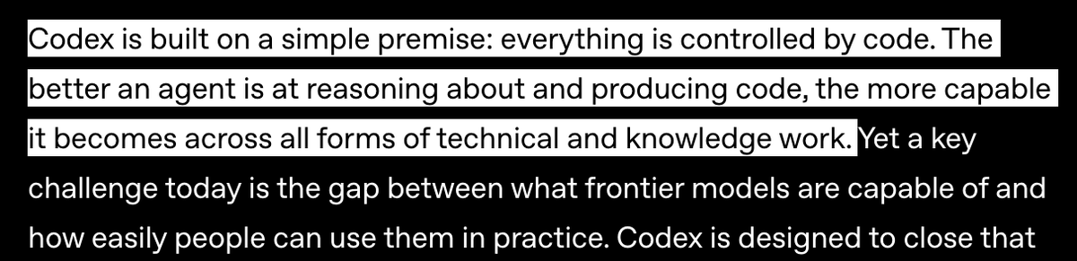 Code generation lets agents construct their own tooling at runtime. For anything infrequent or simple, this beats purpose-built software. For complex stuff, it's still surprisingly good. Major reason why Claude &amp; OpenAI are eating knowledge work.