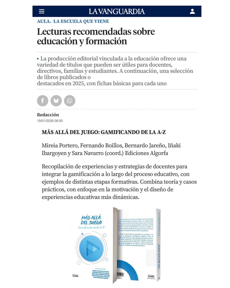 Notición! 📚✨
Nuestro libro “Más allá del juego: Gamificando de la A-Z” entra en las lecturas recomendadas de La Vanguardia 🎮✨
👉 lavanguardia.com/vida/20260119/…
Cuando la gamificación se cuela en los grandes medios… es que algo estamos haciendo bien 😉
