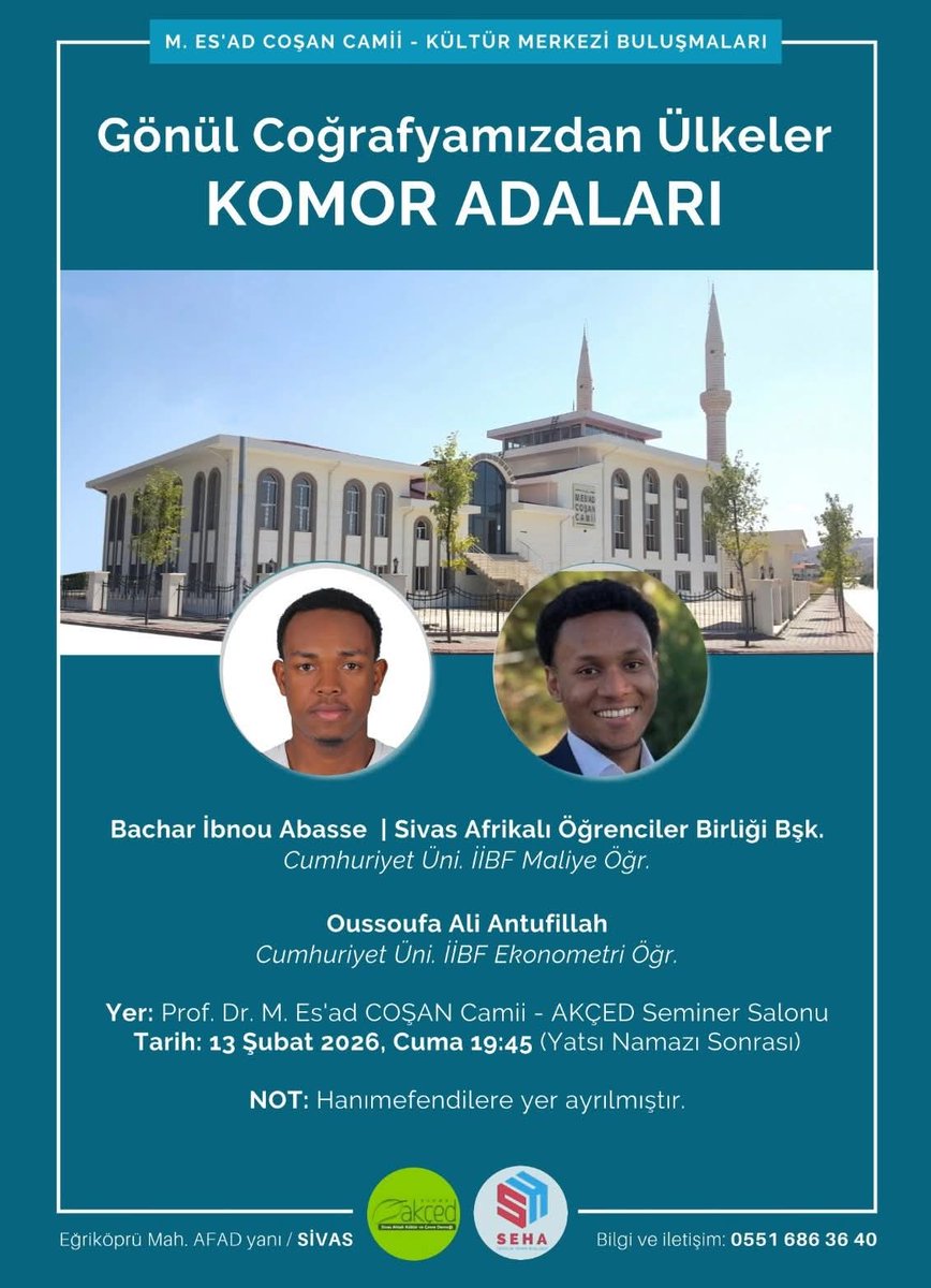SivasMECCamii's tweet photo. Dünyanın farklı coğrafyalarında bulunan müslüman ülkeleri tanımak, sosyal, kültürel ve iktisadi durumlarını anlamak ve bu ülkelerle gönül köprüleri kurmak adına başlatmış olduğumuz "Gönül Cografyamızdan Ülkeler" programına Komor Adalarıyla devam ediyoruz.
Aile boyu davetlisiniz. https://t.co/9kAdWCVJ7i