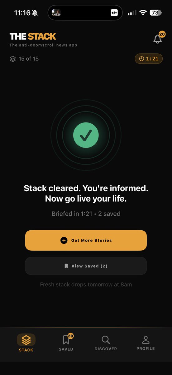 ravisirsi's tweet photo. This app is free , no ads , all it does is give you what you need to know when it comes to news, swipe left right to save or trash  , you get your digest , may be 3 mins and then it says this, not sure if this is the first one that does this but yeah why not anti doomscrolling? https://t.co/tpJkpp1RO7