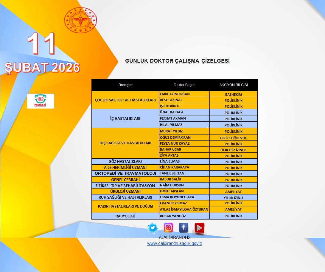 Mobil , Web ve 182 Randevu hattından istediğiniz Hekime anında randevu alabilirsiniz. Yayınlanan Poliklinik Listesi üzerinde Hastanemiz Yönetimi tarafından Acil Vaka, Hastalık vb. gibi nedenlerle mecburi değişiklikler yapılabilir
<a href="/vanilsaglik/">Van İl Sağlık Müdürlüğü</a>
<a href="/drmuhammedtosun/">Dr.Muhammed Tosun</a>