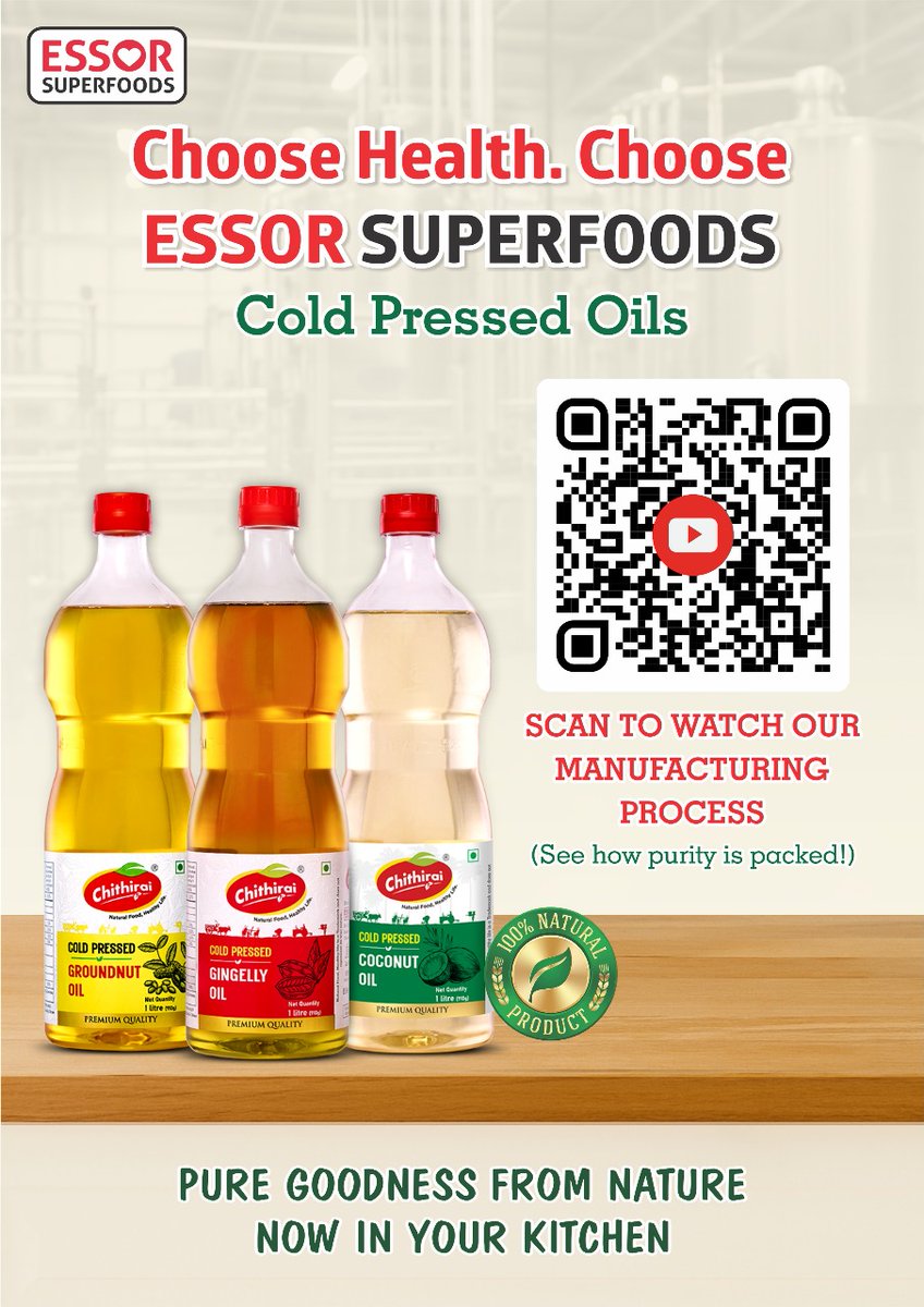 🌿 Chithirai Chekku Oils 🌿
Freshly made Groundnut, Gingelly &amp; Coconut Oils from our own hygienic unit using quality-checked, first-grade raw materials.
🏭 Traditional chekku | 🚚 Doorstep delivery | 💰 Discounts