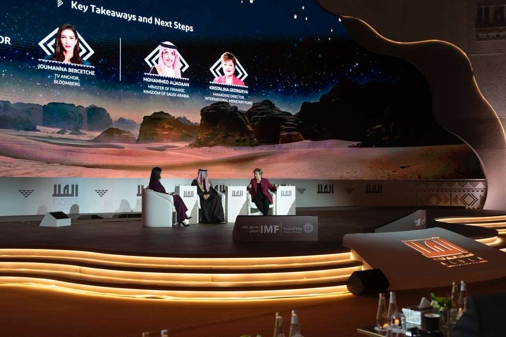 KGeorgieva's tweet photo. I joined Saudi FM @MAAljadaan and Bloomberg’s @JoumannaTV at 
#ACEME to discuss a resilient yet uncertain global economy. For EMs, the path forward is clear: 
strengthen resilience, harness AI, &amp; keep trade  as an engine of growth. And keep cooperating &amp; learning from each other! https://t.co/yww3awEfp2