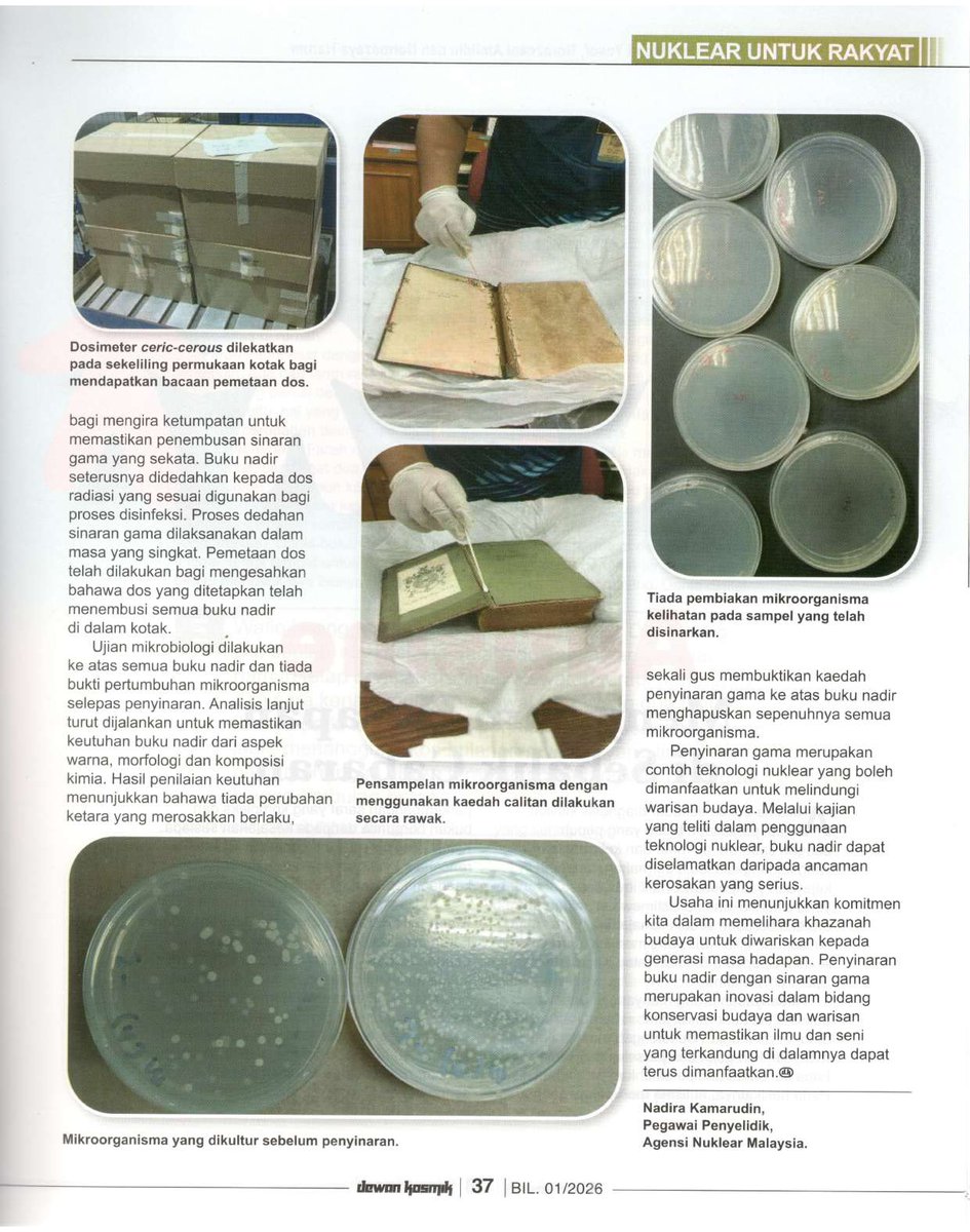 ARTIKEL DEWAN KOSMIK BIL 1/2026 – TEKNOLOGI NUKLEAR DALAM KONSERVASI BUKU NADIR

oleh Puan Nadira Kamarudin, Pegawai Penyelidik, Agensi Nuklear Malaysia.

#agensinuklearmalaysia
#nuklearmalaysia
#nuklearuntukrakyat
#mosti
#NUR