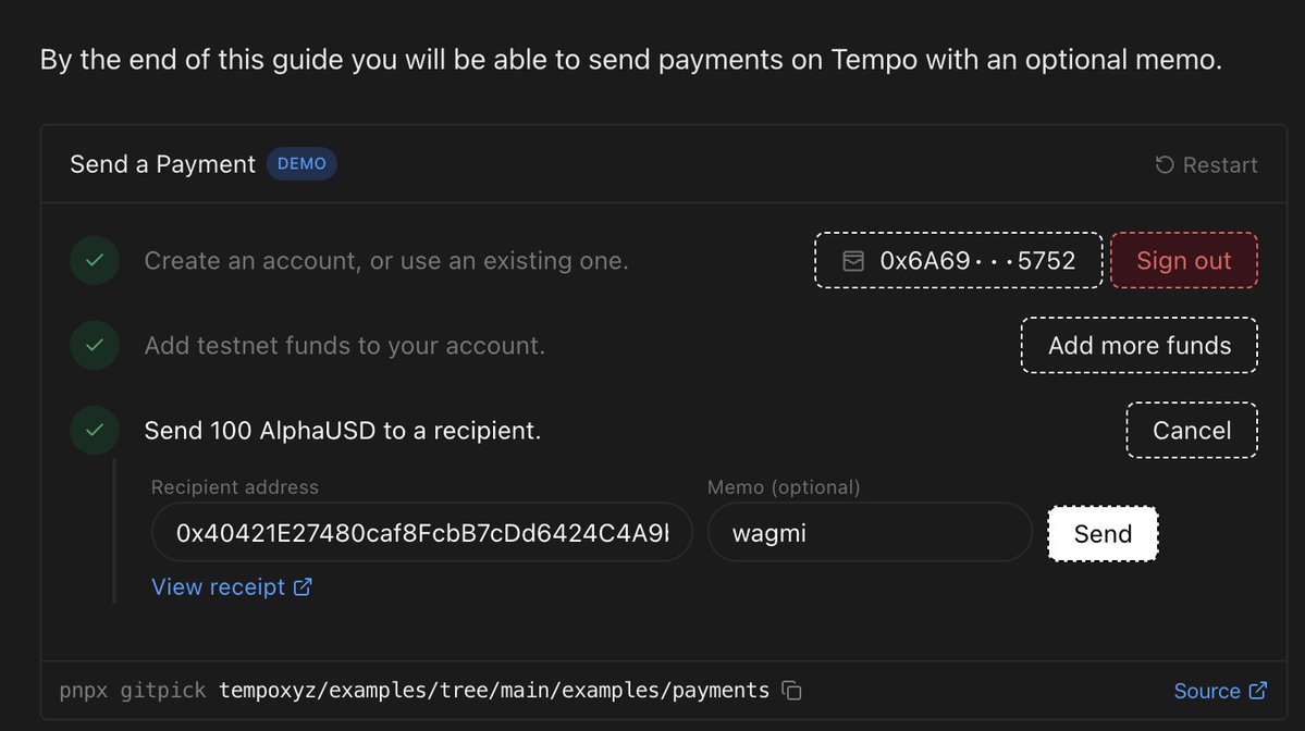 testnet: <a href="/tempo/">Tempo</a> 
>raised $500M
>an EVM-compatible L1 blockchain designed for payment processing.

>yesterday <a href="/farcaster_xyz/">Farcaster</a> co-founder, <a href="/dwr/">Dan Romero</a>  announced he is joining Tempo

1⃣
>connect evm wallet and add the testnet network to your wallet: docs.tempo.xyz/quickstart/con…
>request faucet