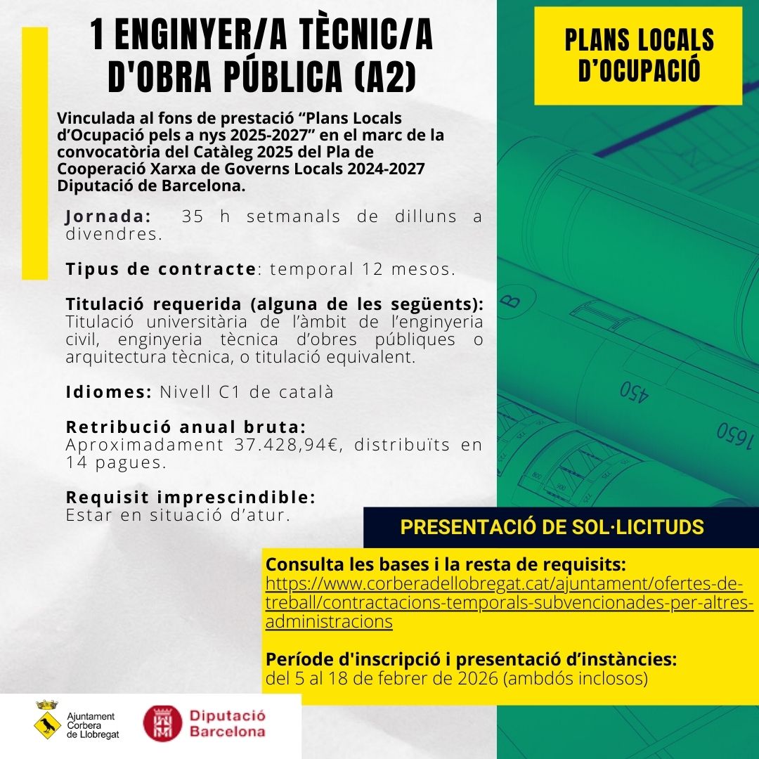 Procés selectiu per a la contractació temporal d'un/a enginyer/a tècnic/a d'obra pública (A2) vinculada al fons de prestació Plans Locals d'Ocupació pels anys 2025-2027.

🔗 tuit.cat/738nv