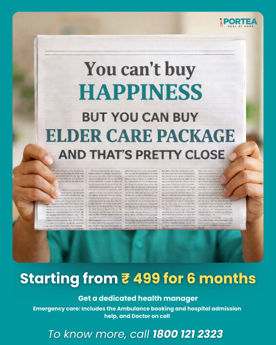 PorteaMedical's tweet photo. True peace of mind is knowing your elders are safe and supported every day. Portea’s Elder Care Package starts at ₹499 for 6 months, with proactive care at home.

📞 1800 121 2323 | https://t.co/CJ01dTg2NP
#ElderCare #Portea #CareAtHome https://t.co/1HtiUmljSJ