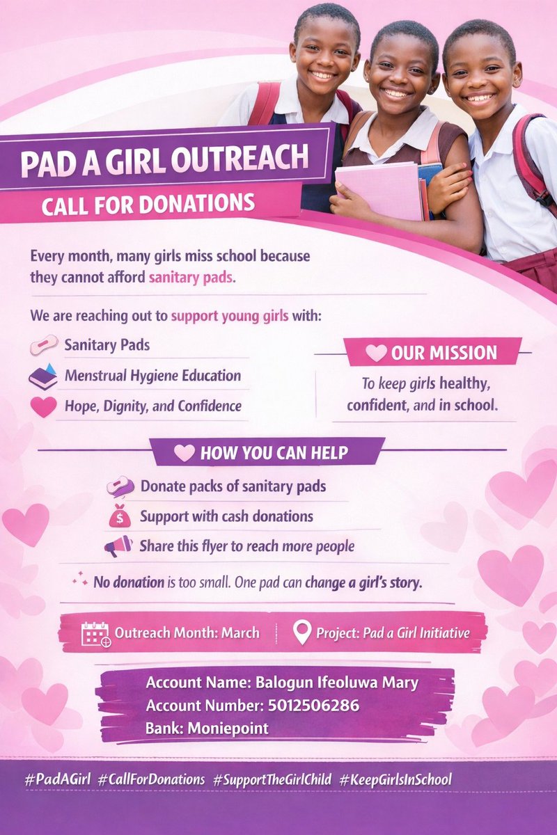 Raregem2123's tweet photo. Through my personal CDS as a corper, Iโm reaching out to schools to support young girls with dignity and education. Iโm open to donations, partnerships, and support to keep this going. Kindly support or RT ๐#PersonalCDS #NYSC #SupportGirls #GirlChildEducation #MenstrualHygiene https://t.co/m8OatiP9DC