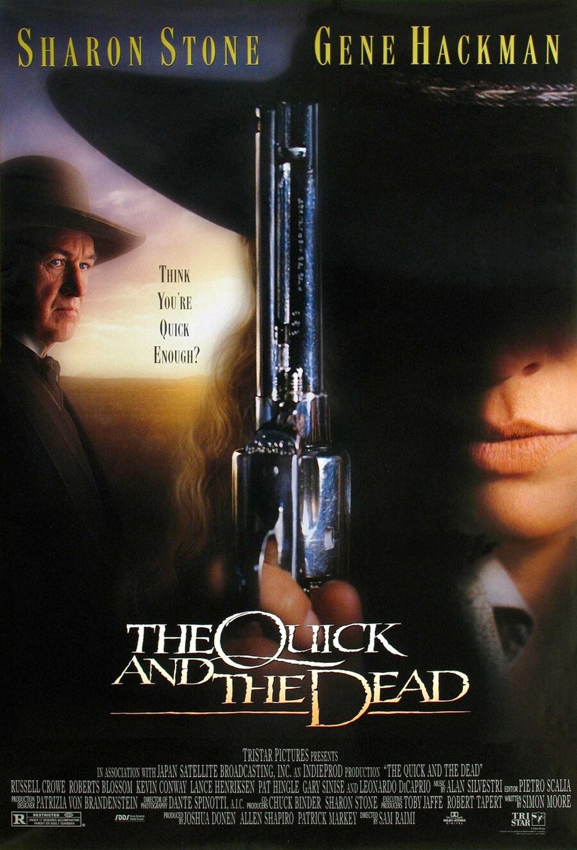 WATZUPMAG's tweet image. Il y a 31 ans, Sam Raimi sortait les colts dans l’excellent #TheQuickAndTheDead.
Mise en scène ludique, montage efficace, b.o entraînante et casting 5 étoiles (Crowe et DiCaprio à leurs débuts), Hackman charismatique et Sharon Stone au sommet, font de ce film un hit indémodable.