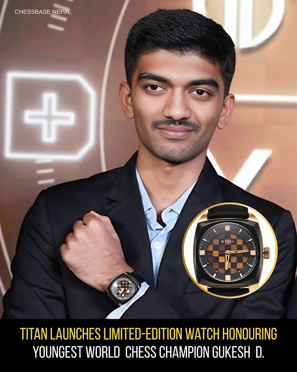 IndiaBottomline's tweet image. Titan Launches Limited-Edition Watch Honouring Youngest World Chess Champion Gukesh♟️⌚

Titan Company Limited has named Gukesh D🇮🇳 as Titan of the Year 2026, celebrating his historic achievement as the youngest World Chess Champion.

#chess #worldchesschampion #gukesh