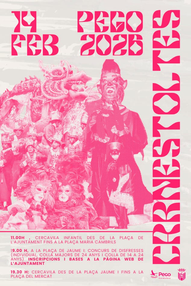 Dissabte 14 de febrer, #Carnestoltespego2026:

Pel matí, a les 11h, Carnestoltes infantil.
De vesprada, a partir de les 19:30h, desfilada per a tot el món.
A partir de les 23h, música amb discomòbil i orquestra.