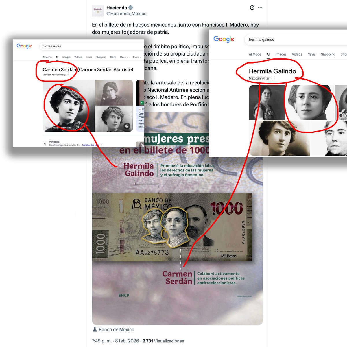 ¡Qué idiotas!

Supuestamente como un tributo a las mujeres hicieron este billete reconociendo a dos de ellas... 

Pero les pusieron los nombres mal, están intercambiados.

Llegaron todas, <a href="/Claudiashein/">Claudia Sheinbaum Pardo</a>. Les cambiaron el nombre, pero llegaron. 
x.com/Hacienda_Mexic…