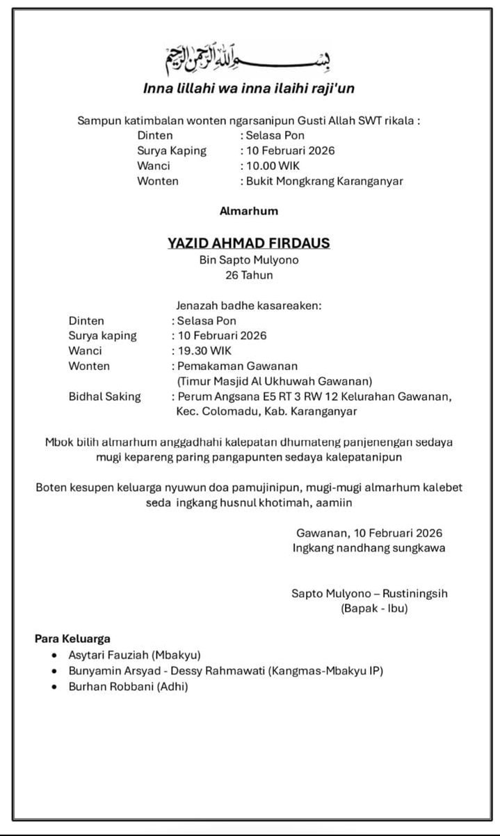 Innalillahi wainnailaihi rojiun

Yazid yang hilang di Mongkrang telah ditemukan.