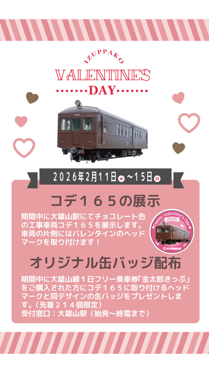 💝IZUPPAKO VALENTINES DAY💝

2月11日～15日、大雄山線でチョコレート色の『コデ165』にバレンタイン仕様のヘッドマークを装着して、特別展示します💖期間中、「金太郎きっぷ」を大雄山駅でお見せいただくとヘッドマークと同じデザインの缶バッジをプレゼント（数量限定先着214個）🎁