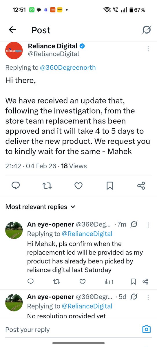 360Degreenorth's tweet photo. @RelianceDigital @BadeBrian Attached the screenshot of earlier conversation https://t.co/QGSB6dILeD