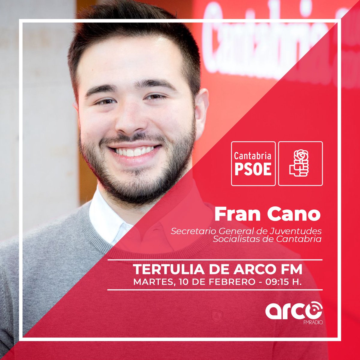 📻 El secretario general de <a href="/JSCantabria/">JSCantabria</a>, <a href="/francano_/">Fran Cano Molina</a>, participa en la tertulia de <a href="/ArcoFMCantabria/">ARCO FM Cantabria</a> este martes 10 de febrero a partir de las 09.15 horas para analizar la actualidad de #Cantabria tras el #plenocan