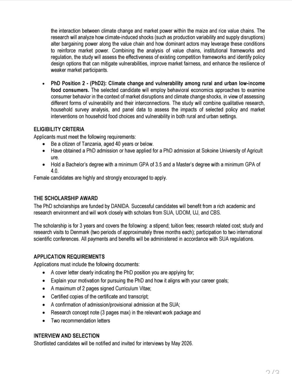 SokoineU's tweet photo. 📍Call for Applications for two Full PhD Scholarships in Agricultural Economics or Agribusiness at the Sokoine University of Agriculture. https://t.co/XRasVcyiWh