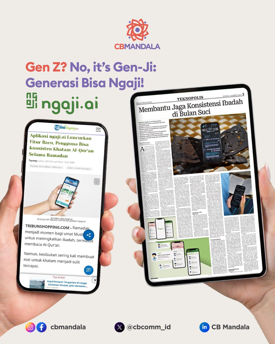 Faith meets future 📱✨
Ngaji.ai turns AI into a daily companion for Qur’an reading, better habits, and mindful living, during Ramadan and beyond. Proud to see this impact recognized by the media.
#AIforGood #FaithTech
#PRagency #CBMandala #LifeasPR #CBstories #PR