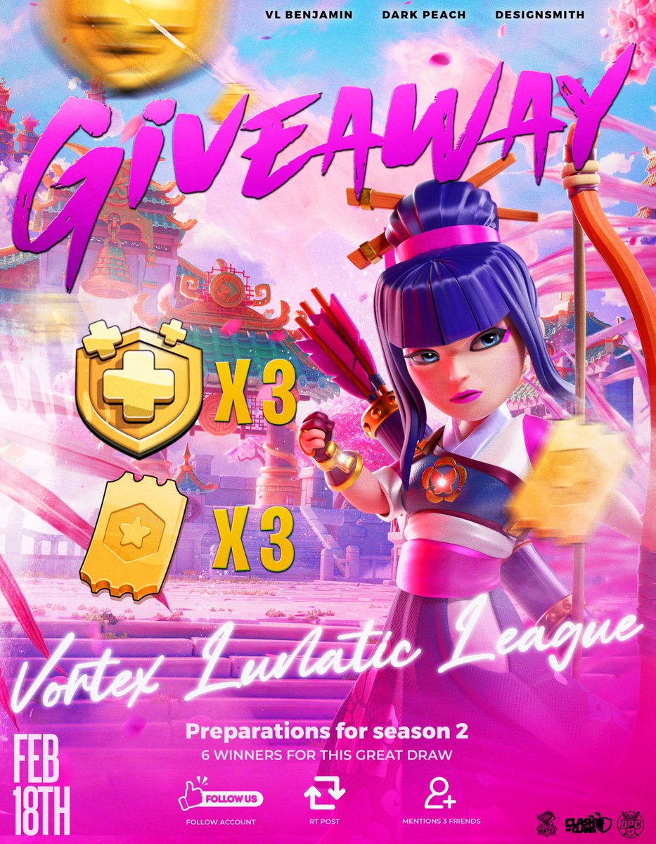 ⚡️Second big giveaway of our preparations!🌪️

🎁 3x Golden Pass Giveaway
🎁 3x event pass Giveaway 

🎊 How to participate:

1⃣ Follow
<a href="/Dark_PeachC/">Dark Peach Community</a> <a href="/VortexLunatic_/">Vortex Lunatic</a> 

2⃣ RT 🔁 Post  ❤️

3⃣ Mention 3 friends 👥

4⃣Join our server
discord.gg/cZU4xgVx54

#ClashofClans #Supercell