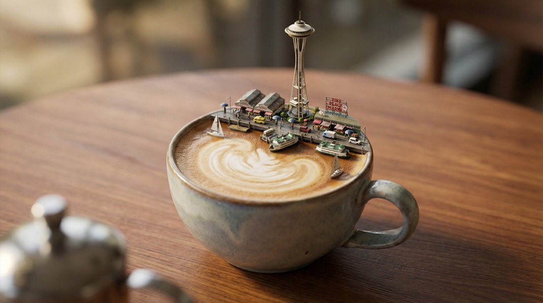 4. Seattle in a coffee cup Create a hyper-realistic 3D isometric