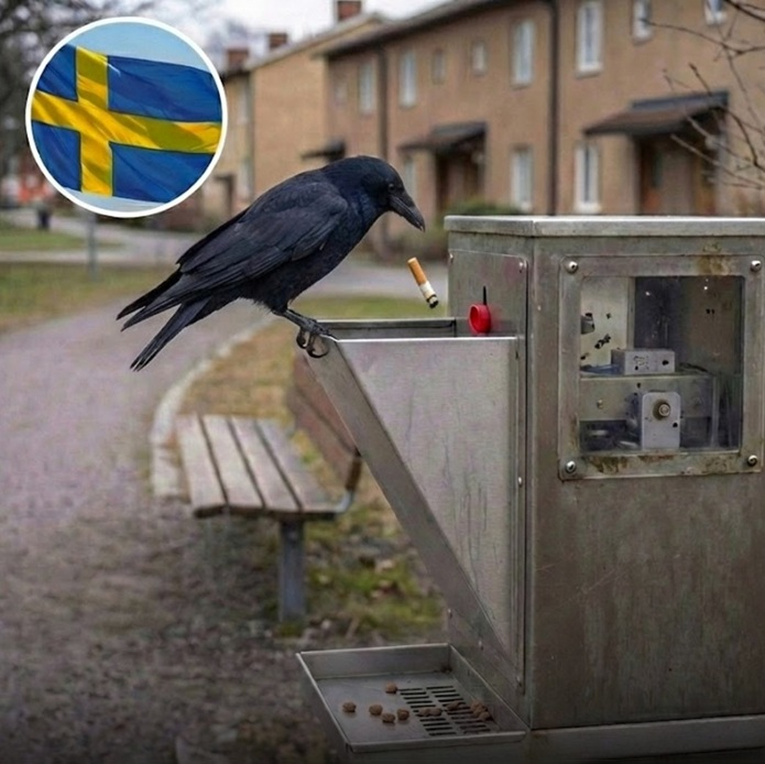 สวีเดนให้รางวัลอีกาด้วยอาหาร เพื่อช่วยทำความสะอาดถนนด้วยการเก็บขยะ อีกาเป็นสัตว์ที่ขึ้นชื่อเรื่องความจำดีและความสามารถในการแก้ปัญหา พวกมันจึงเรียนรู้วิธีใช้งานได้อย่างรวดเร็ว—แค่คาบขยะมาหยอดลงช่อง ก็จะได้ขนมเป็นรางวัล จากนั้นก็ทำซ้ำแบบเดิมอีกครั้งแล้วครั้งเล่า