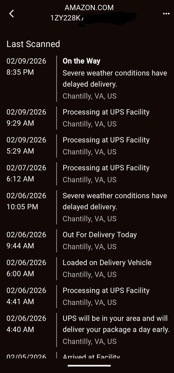 staggcezo's tweet photo. Seriously @UPS , what severe weather is happening in Chantilly, VA? Is your facility in some sort of microclimate 20 miles away?  Just say you lost the damn package.  Amateur hour! https://t.co/wNXC0vmSZD