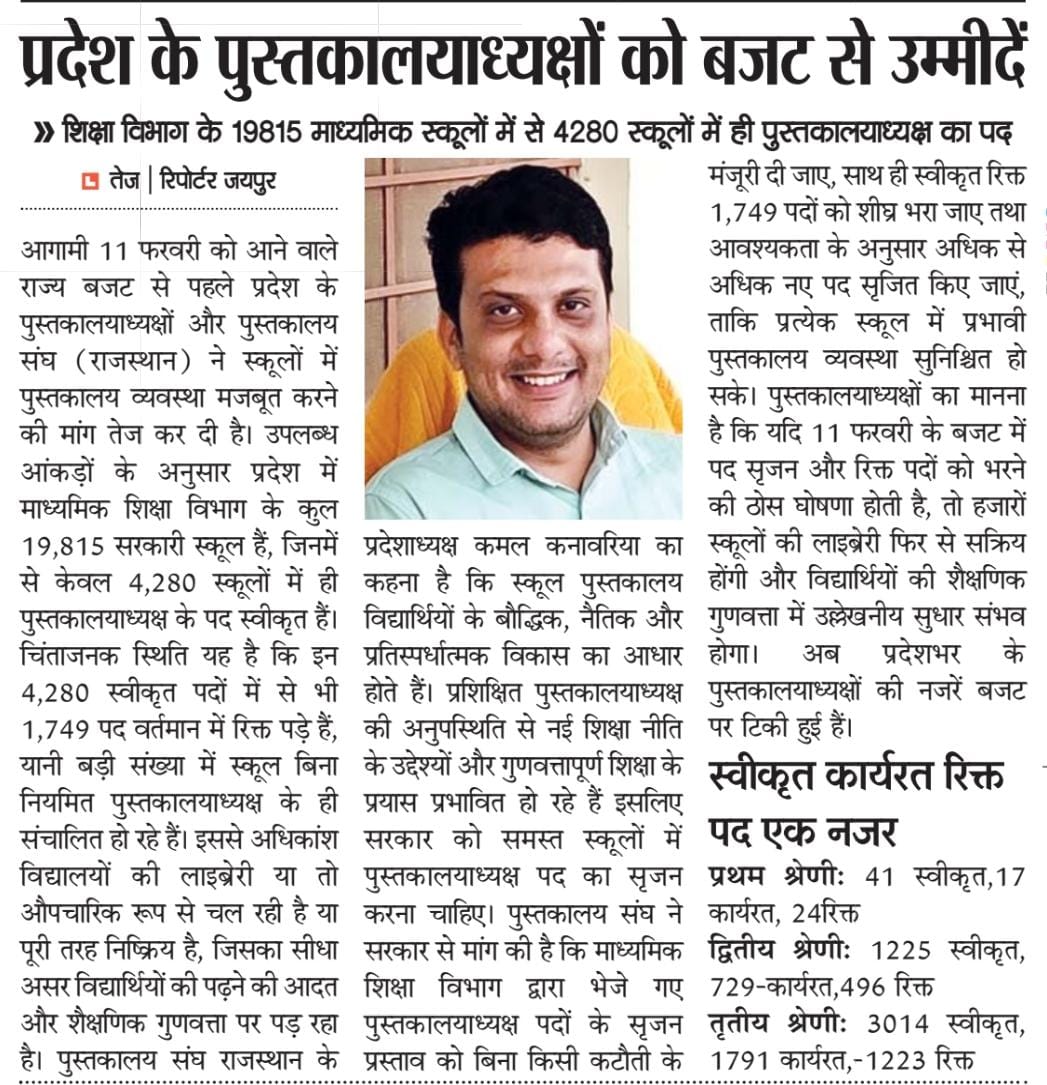 पुस्तकालय और 11 फरवरी बजट:-प्रदेश के पुस्तकालयाध्यक्षों को बजट से उम्मीदें, 19815 स्कूलों में से मात्र 4280 में ही पुस्तकालय पद।
वित्त विभाग से नए 11531 पदों को स्वीकृति देने की मांग।
<a href="/BhajanlalBjp/">Bhajanlal Sharma</a> <a href="/KumariDiya/">Diya Kumari</a> <a href="/IASKrishnaKunal/">IAS Krishna Kunal</a> <a href="/saten_08/">Satyendra</a> <a href="/JaatMohit001/">Mohit Choudhary</a> <a href="/Radhemahwa/">Radhe Meena</a> <a href="/HANUMANKISAN/">HANUMAN KISAN</a>