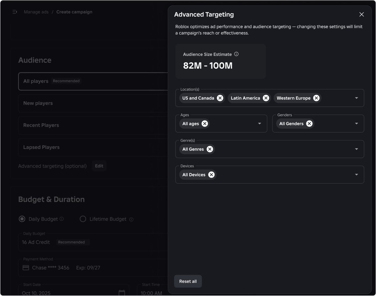Estamos implementando algumas mudanças na interface de configuração para o Gerenciador de Anúncios, além de expandir as opções de segmentação das campanhas, tornando tudo mais simples e com mais controle.

Leia o post completo em: devforum.roblox.com/t/4333400
