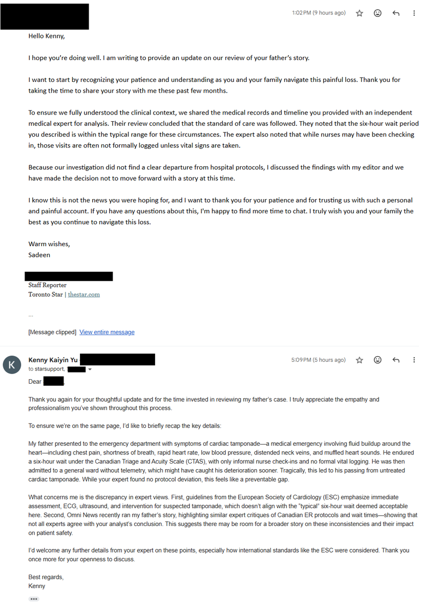 kenny_yu's tweet photo. Is a 72-hour wait for a cardiac emergency now "standard" in Canada? My father died of cardiac tamponade after waiting 72 hours with no telemetry and died in an empty ward. 

Now the @TorontoStar told me their expert says this wait is "typical."   

Since when is preventable death the standard?
