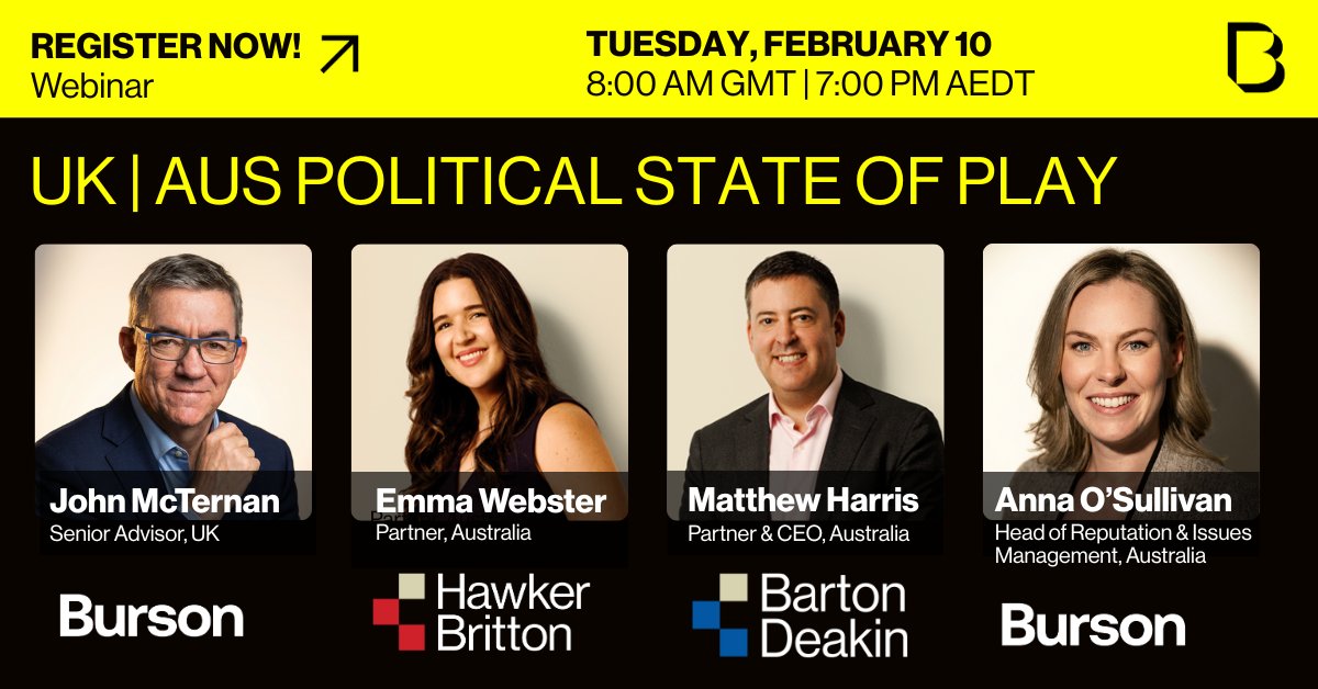 Just a reminder to join us for an insightful webinar featuring a panel of political strategists.

Date: Tuesday, 10th February 2026 
Time: 8:00 AM GMT | 7:00 PM AEDT
 
Register now to secure your spot for this important conversation: lnkd.in/gJ3sFAsM