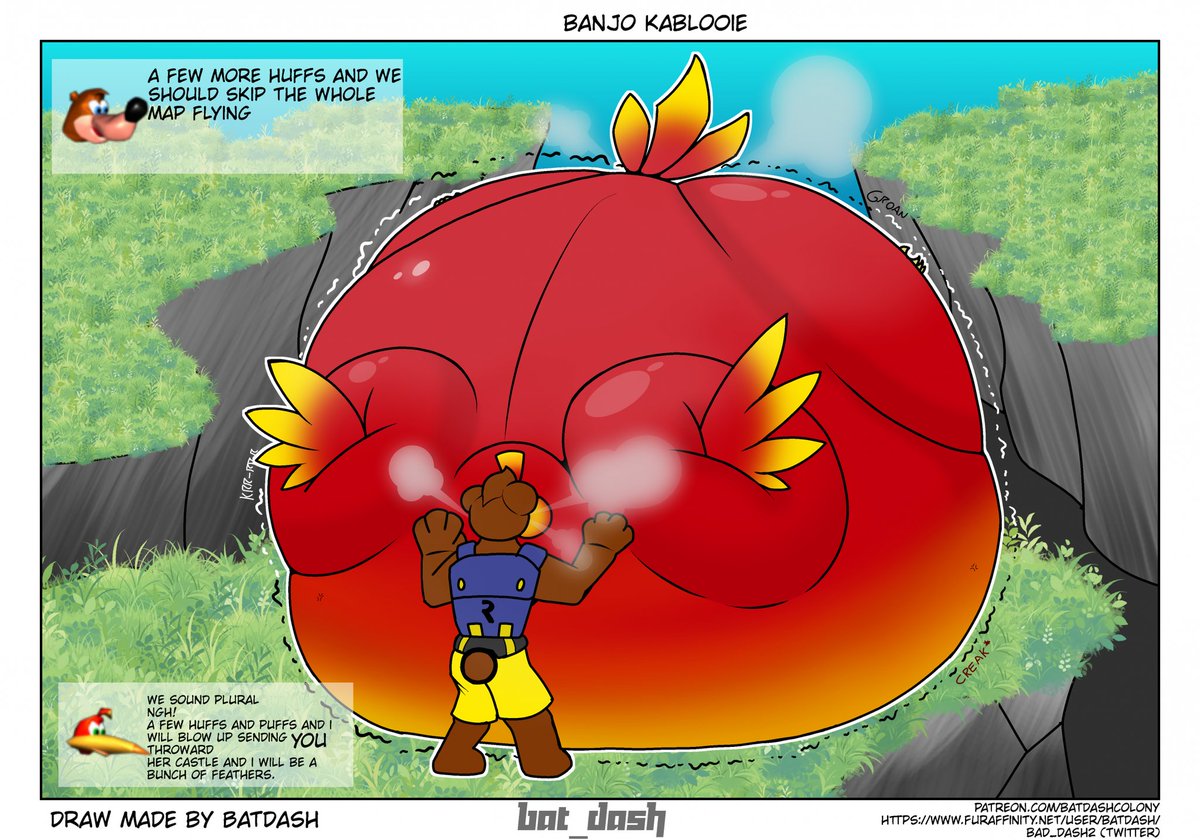 banjo kabloie 1\2 (for now)
poor kazooie all balloonie,
with a silly bear, the end is near
each hoof and puff, he pull her closer to a poof
as he want to fly, her body goes tight
would the bird hold up? or its gonna blow up?
weatever it happen, would depend on her partner