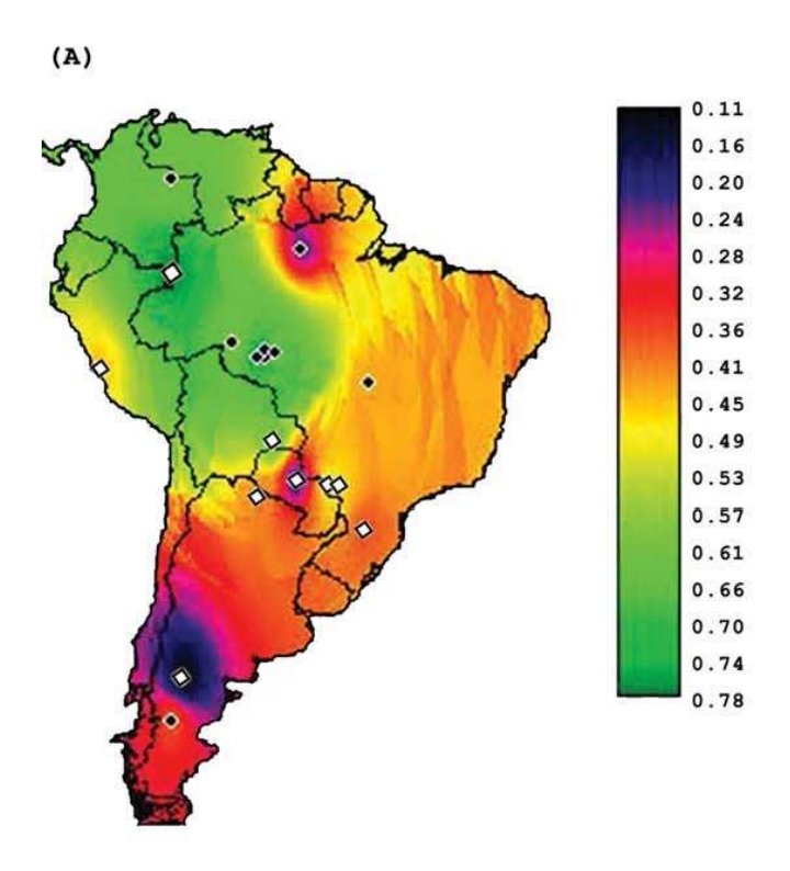 Mapa con codigo de color para mostrar la frecuencia de este alelo.

Muestra una heterogeneidad entre diversas poblaciones amerindias con muchas implicaciones conductuales y sociales poco exploradas.
Hasta ahora el alelo 7R del gen DRD4 se asocia a una adaptación a la vida nómada