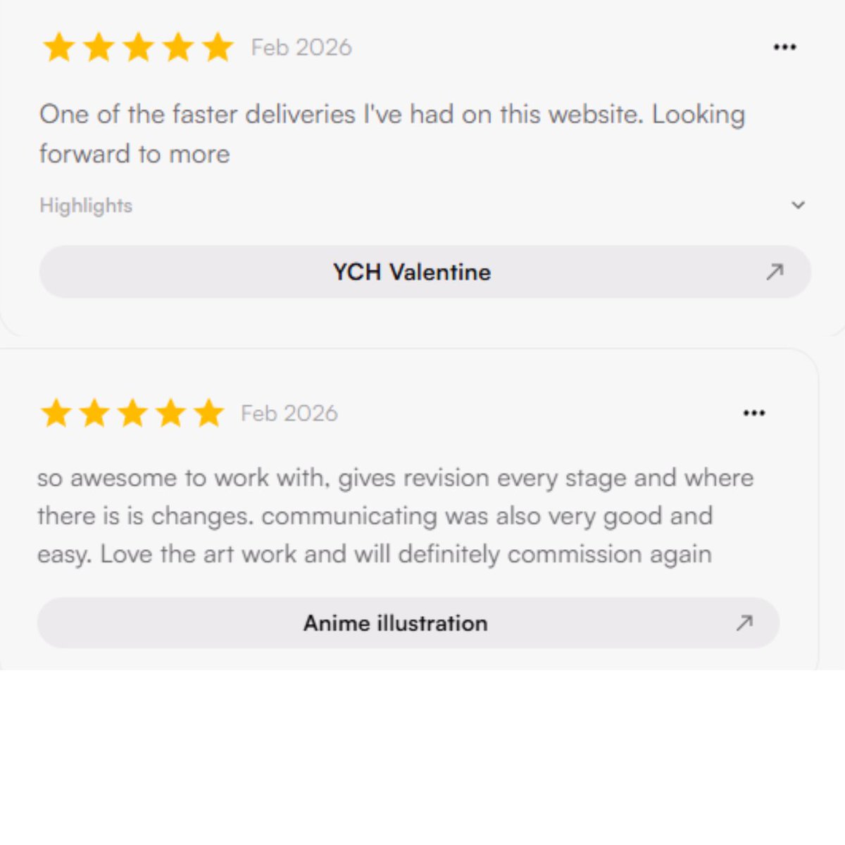 my 2 first reviews! thank you so much! wishing more to get comms and reviews this month (,,>﹏<,,)👉👈

#VGenComm #artmoots #smallartist