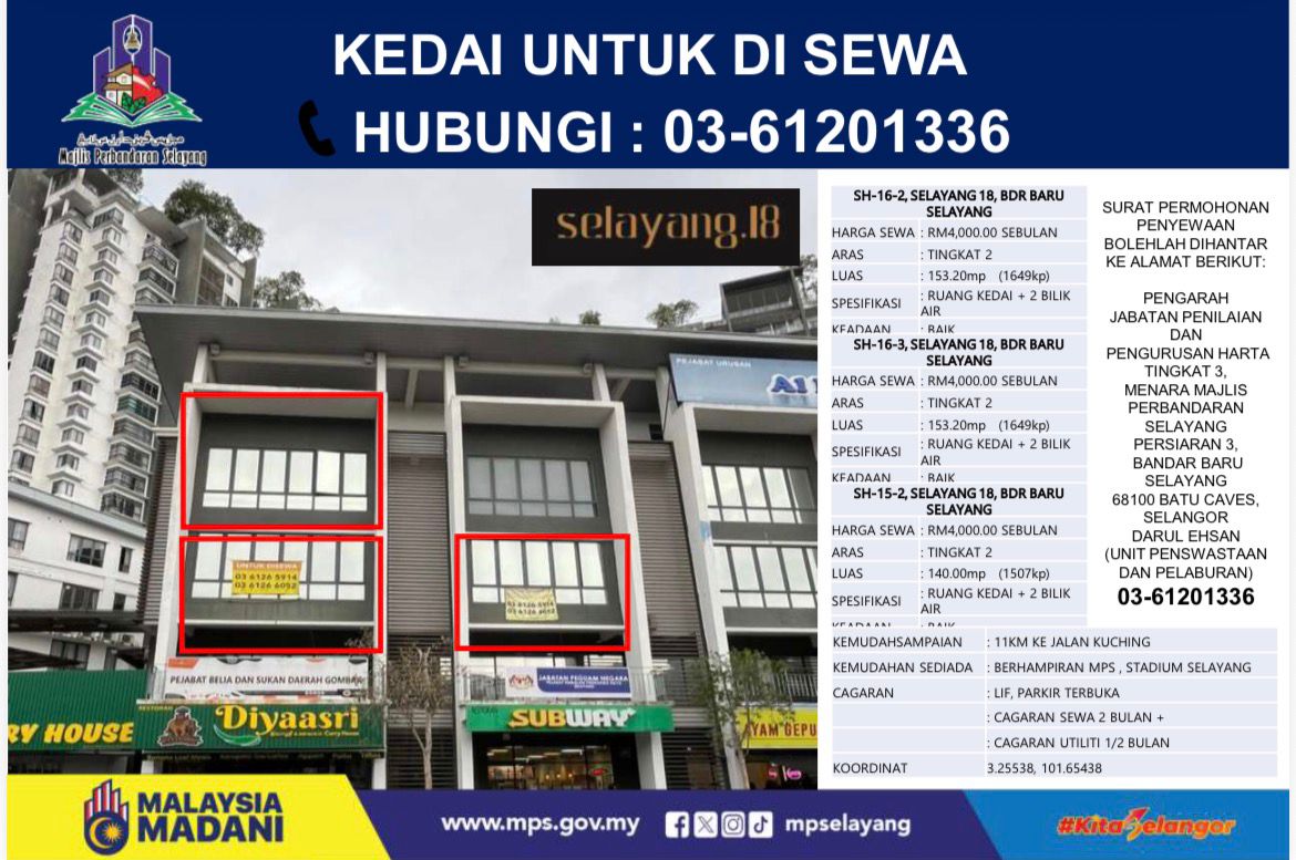 IKLAN KEDAI UNTUK DISEWA

Rujuk iklan penuh 👉 shorturl.at/i7ymC

#selayangkusayang 
#malaysiamadani 
#kitaselangormajubersama