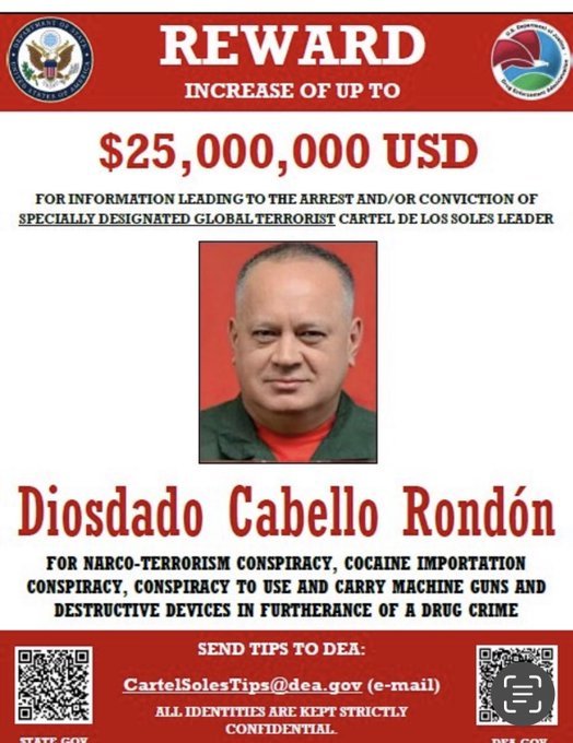 Diosdado Cabello se busca por liderar un cartel del nacotrafico Venezolano, EEUU ofrece una recompenza para quien lo capture.