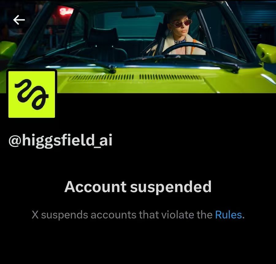Createv_ai's tweet photo. 🚨 BREAKING NEWS: Higgsfield’s X account (@higgsfield_ai) has been suspended 👀 https://t.co/BMVXDjZcw7