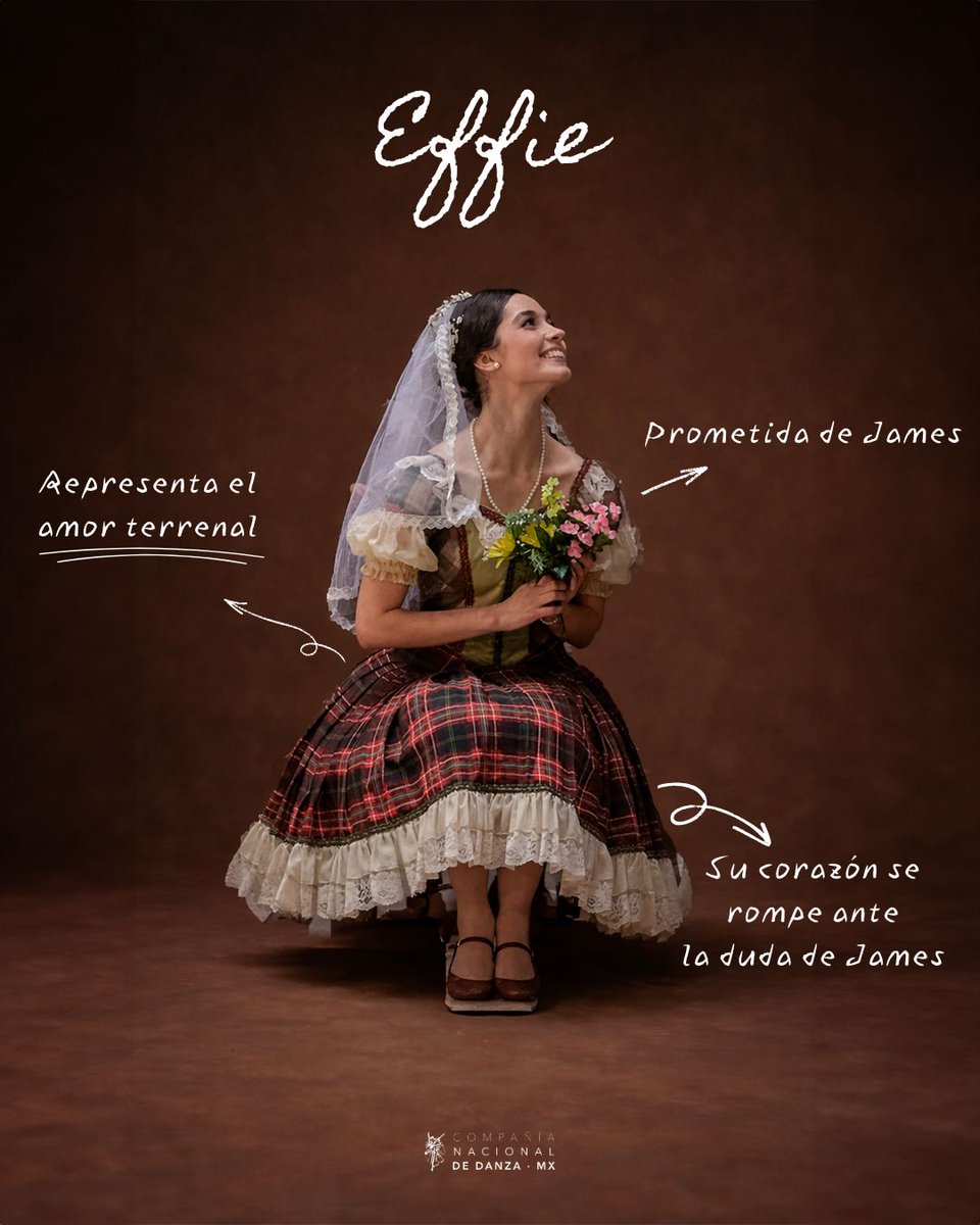 CNDanzaMX's tweet photo. #ConoceA Effie, la prometida de James y símbolo del amor terrenal.
Su historia se ve marcada por la duda y la traición cuando James comienza a dejarse llevar por un deseo imposible.
🩰 Acompáñala en La Sílfide y el Escocés de la #CNDMx, en el @PalacioOficial. https://t.co/3fxKTaMxM3