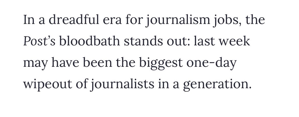 txtianmiller's tweet image. The Washington Post layoffs were way worse than we thought. Almost 1/2 the newsroom was wiped out.